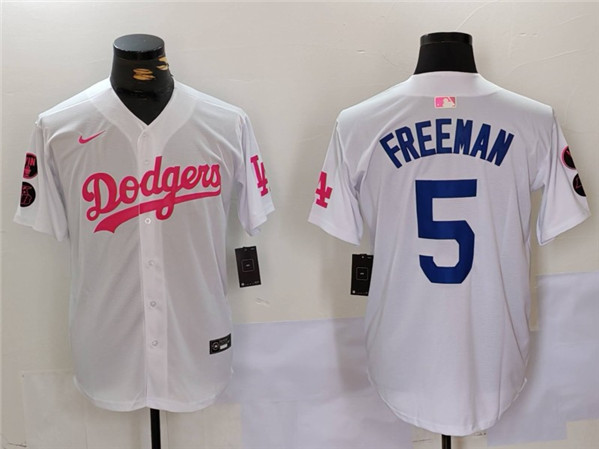 Los Angeles Dodgers #5 Freddie Freeman White Pink Vin Kobe Patch Stitched Jersey - Click Image to Close